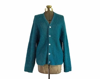 Vintage Teal Blue Green Wool Mohair Wool Pendleton Cardigan Button Up Sweater Men's Medium Cobain Shaggy Grunge Style Circa 1960's 60's