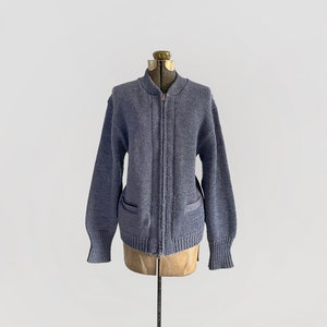 Vintage Kingsknit Wolle Post Mail Carrier Stil Cardigan Pullover US Made Herren Kleine Damen Mittelblau Grau / Grau Talon Reißverschluss / Taschen