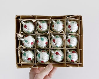 Set 12 Vintage Mid CenturyFantasia Brand Glass Globe Holiday Christmas Ornaments With Box Decorated Ice Blue Red Glitter