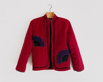 Vintage 70's 80's Women's Small / Medium 6 Quilted Dark Red Velvet Jacket with Purple Fans Pockets Mandarin Style Collar