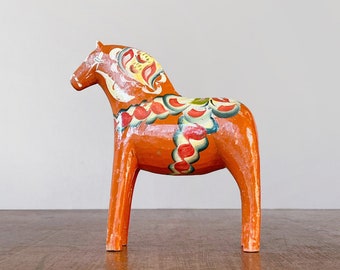 Vintage / Antique Orange Wood Dala Horse 6.5 Inch Dalahast Sweden Swedish Folk Art 6.5&quot; tall Early Circa 1940&#39;s