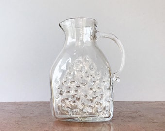 Vintage Blenko Modernist Clear Glass Pitcher / Vase 9027-S Dimpled / Textured Flat Sides Hank Adams Designer 1990's