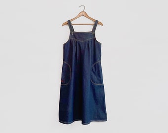 Vintage 70's Cotton Denim A-Line Overall Jumper Tent Dress with Pockets Dark Navy and Yellow Stitching 15/16 Medium Large Mizz Lizz Like New