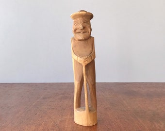 Vintage Naive Folk Art rustic Style Figural Person With Hat and Walking Stick Sculpture / Wood Carving Carved Branch