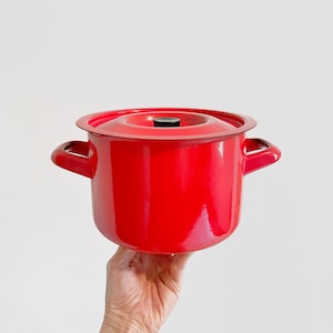 Vintage Mid Century Finel Red and White Enamel / Enamelware Cooking Pot / Pan Circa Late 60's