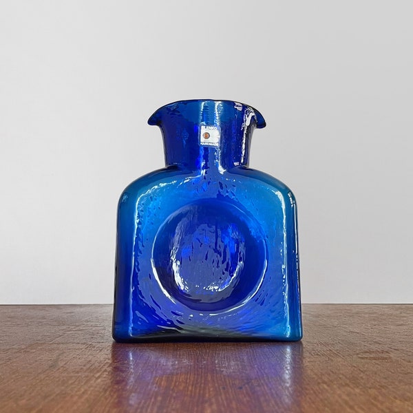 Vintage Blenko 384 Cobalt Blue Glass Bottle / Pitcher / Vase / Decanter Double Lip Spout Block B Sticker 80's / 90's
