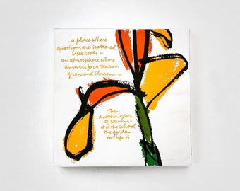 Vintage Corita Kent Signed Serigraph Screen Print Artist&#39;s Proof Mod Floral Design with Garden Related Quote As Found Damaged