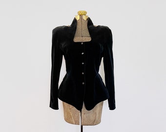 Vintage Circa 1990's Archival Thierry Mugler Paris Black Velvet Fitted Blazer Jacket With Cutouts Made in France Size 40 Snap Closure