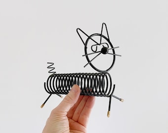 Vintage Mid Century Kitty Cat Animal Letter / Paper Holder Desk Organizer Coiled Black Steel Wire MCM Office Storage Circa 1960's