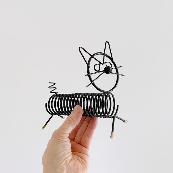 Vintage Mid Century Kitty Cat Animal Letter / Paper Holder Desk Organizer Coiled Black Steel Wire MCM Office Storage Circa 1960's