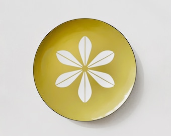 Vintage Mid Century Cathrineholm Norway Enamel Lotus Tray / Plate / Platter / Dish White on Gold / Pale Chartreuse Yellow Green 12"