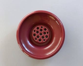 Vintage California Faience Art Pottery / Ceramic Ikebana Vase Bowl and Flower Frog Wine Red Burgundy