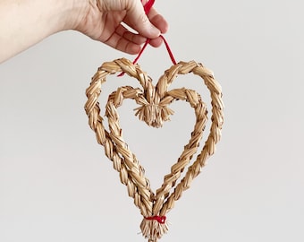 Vintage Swedish Plaited Straw Heart Hanging Ornament 9&quot; Scandinavian Multiple Available