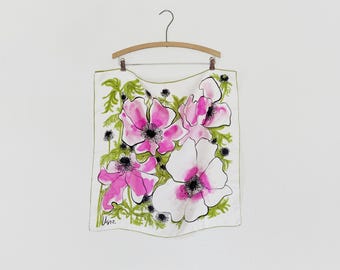 Vintage 60's Vera Neumann Hand Rolled Silk Scarf Floral Anemone Design Pink Green Black Japan