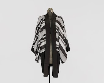 Vintage Japanese Haori / Kimono Jacket Traditional Black Brown White Gold Geometric As Found
