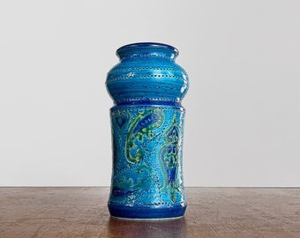 Vintage Mid Century Ceramic Bitossi Liberty Paisley Pattern Blue Green Glaze Vase 8" Tall MCM Italian Pottery Made in Italy Circa 1960's