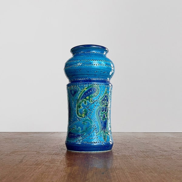 Vintage Mid Century Ceramic Bitossi Liberty Paisley Pattern Blue Green Glaze Vase 8" Tall MCM Italian Pottery Made in Italy Circa 1960's