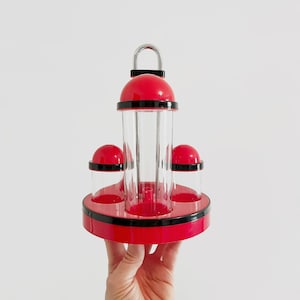 Vintage Borgonova Italy Salt Pepper Condiment Serving Caddy / Tote Handle Red / Black Plastic / Glass Italian Memphis Design Kartell Style