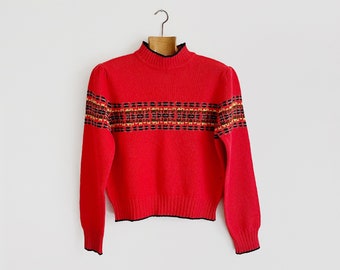 Vintage 80's Red Knit Wool Pullover Sweater Puff Sleeves Mock Turtleneck Fair Isle Cottagecore Small Medium