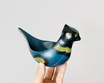 Vintage Mid Century Danish Modern Jie Gantofta Pottery Ceramic Bird Bowl Kurt Nilsson &quot;Grönvipa&quot; Design Teal Blue Black Glaze Made in Sweden