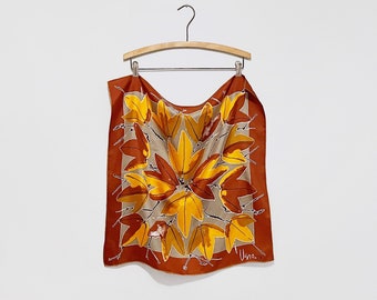 Vintage Mid Century Circa 1960's Vera Neumann Sienna Brown and Orange Leaves Leaf Pattern Silk or Blend Square Scarf Kerchief Ladybug Logo