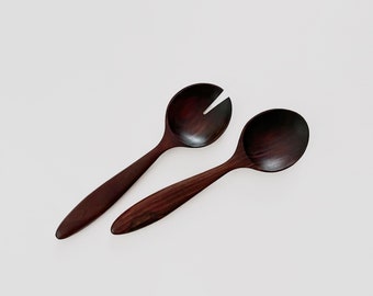 Vintage Danish Modern Hardwood / Wooden Salad Serving Spoons / Utensils / Tongs Rosewood / Dark Wood