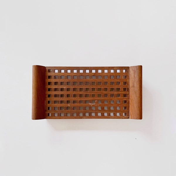 Vintage Mid Century Danish Modern Rectangular Teak Wood Lattice / Grid Tray / Trivet Dansk Style Circa 1960's or 70's