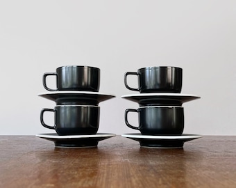 Set of Four Vintage 1980's Sasaki Colorstone Minimalist Cups and Saucers Matte Black Vignelli Design Group Made in Japan Two Sets Available