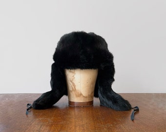 Vintage Black Rabbit Fur Ushanka / Bomber / Trapper Style Hat Ear Flaps Soviet Size XL Crowncap