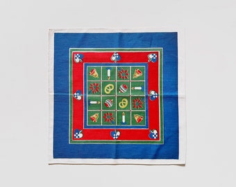 Charming Vintage Swedish Christmas Holiday Linen Cotton Table Topper Small Square Tablecloth Red Blue Green Hearts Bells Candles Flowers