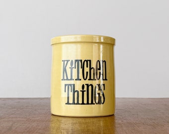 Vintage T.G. Green Spectrum Ceramic "Kitchen Things" Storage Jar / Container for Typography Lovers Yellow Ware With Black Text Pottery