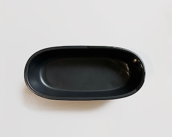 Vintage Mid Century Japanese Modern Ceramic Pottery Ikebana Vessle Bowl With Feet / Footed Black Glaze Toyo Style Made in Japan Long Narrow