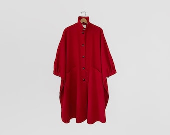 Wonderful Vintage Pendleton Red Woven Wool Cape Poncho Blanket Coat Loose Fitting Pockets Button Up Circa 1950's 50's Rare Design