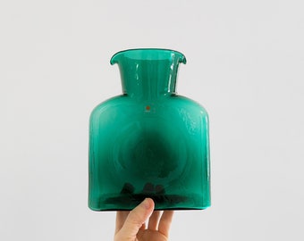 Vintage Blenko 384 Green Glass Bottle / Pitcher / Vase / Decanter Double Lip Spout Block B Sticker 80's / 90's Emerald Pine Nile Evergreen