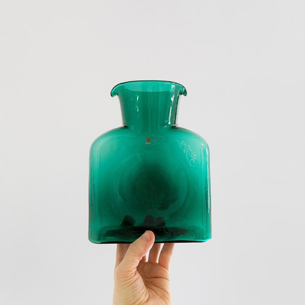 Vintage Blenko 384 Green Glass Bottle / Pitcher / Vase / Decanter Double Lip Spout Block B Sticker 80's / 90's Emerald Pine Nile Evergreen