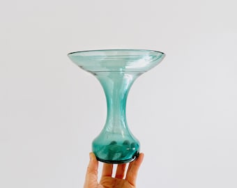 Vintage Mid Century Blenko Glass Chalice Vase 5919 Wayne Husted Design Circa 1950's / 60's Etched Mark Surf or Teal Green Aqua