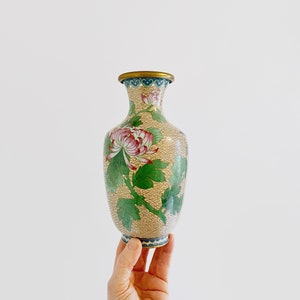 Vintage Chinese Brass and Cloisonne Floral Vase Chrysanthemum Butterfly Antique Asian Decor