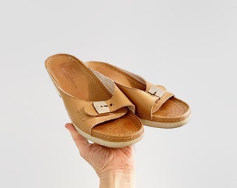 Vintage Omega Cherokee California Leather Slide Strap Sandal Low Heel Shoes Women's 8 70's 80's