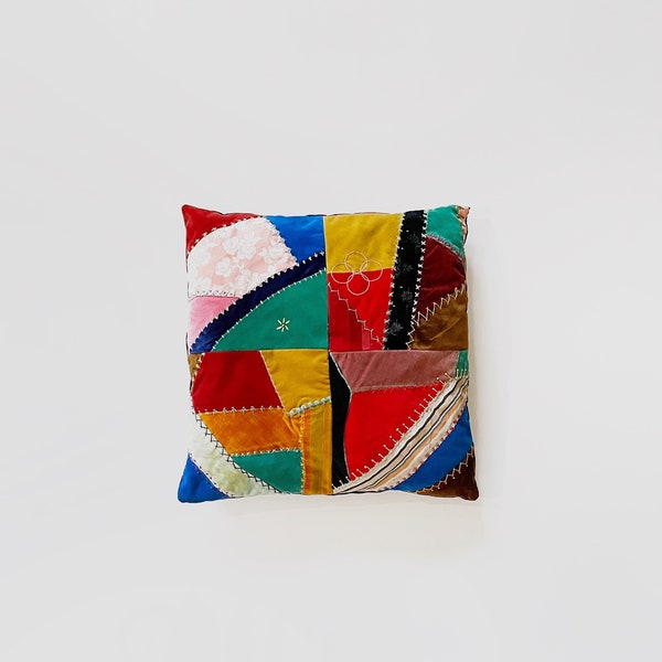 Square Vintage Embroidered Velvet Crazy Quilt Pieced Throw Pillow Multicolored Antique Decor
