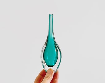 Small Mid Century Vintage Murano or Scandinavian Style Sommerso Cased Glass Elongated Bulb Shaped Bud Vase Teal Green Blue Poli