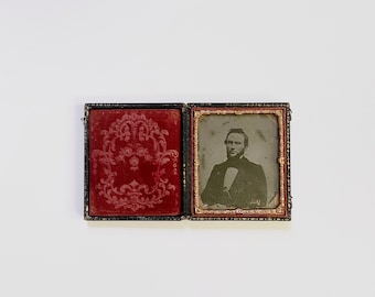 Antique Ambrotype Civil War Era Portrait Soulful Man in Embossed / Tooled Leather and Velvet Case Daguerreotype Vintage Similar to Tin Type