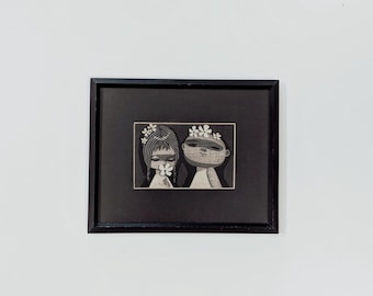 Vintage Mid Century Shuzo Ikeda Japanese Modern Woodblock Art Print Framed Children With Flowers