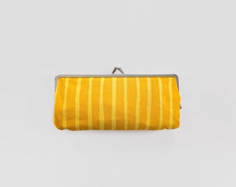 Vintage Marimekko Kisslock Pouch Bag Purse Finland Scandinavian Modern Varvunraita Yellow Orange Cotton Stripes