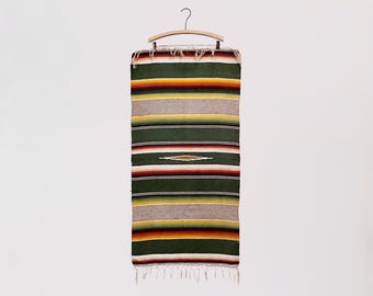 Beautiful Vintage Handwoven Green and Multicolored Mexican Textile Table Runner Wall Hanging Tapestry 40's 50's Stripes Earth Tone Saltillo