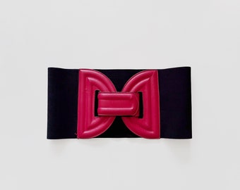 Vintage 80's Italian Red Leather Black Elastic Super Wide Body Con Geometric Belt Large Buckle Women's Small Medium Unusual HTF