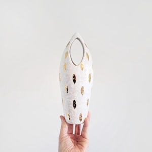 Mid Century Bitossi Plume Piume Italian Vase White Gold Leaf Decor Bullet Ikebana