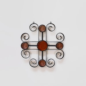 Vintage Mid Century Gunnar Ander Ystad Swedish Metal / Orange and Pale Pink Glass Sun Catcher Ornament Wall Hanging Art
