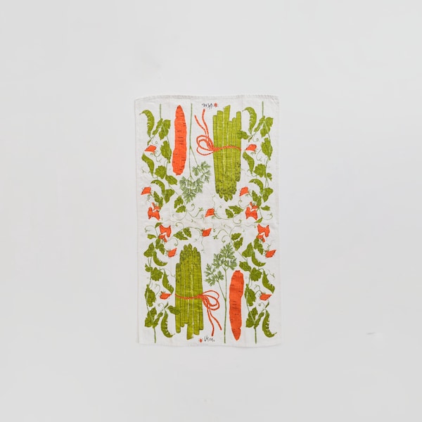 Vintage 1960's Vera Neumann Linen Tea Towel Garden Veggies Asparagus Peas Carrots Green Orange Ladybug