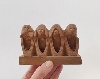 Vintage Carved Wooden Wise Monkeys Speak Hear See No Evil Figurine Sculpture