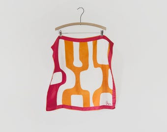 Vintage Vera Neumann Silk Rayon Scarf Modernist Orange Red White Design Japan Hand Rolled